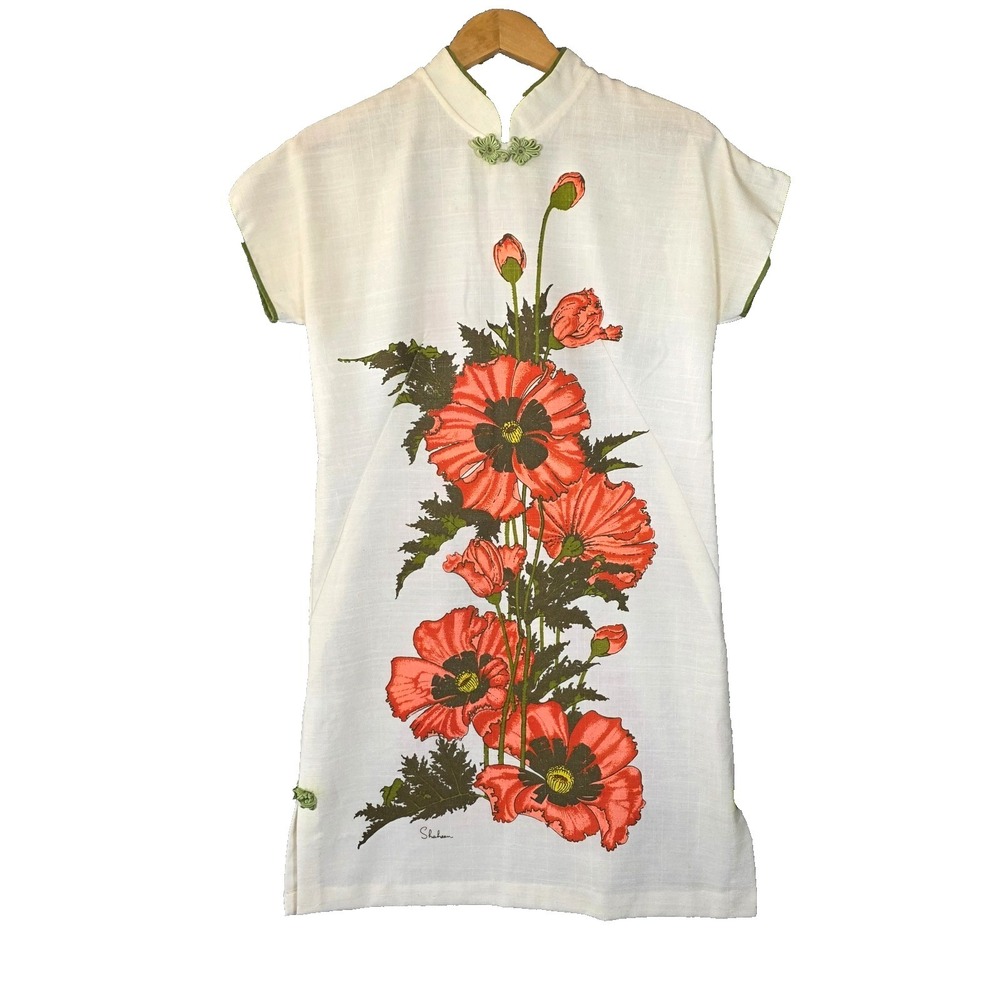 Vtg 60s ALFRED SHAHEEN Poppy Print Hawaiian Cheongsam Dress Hand Printed Hawaii